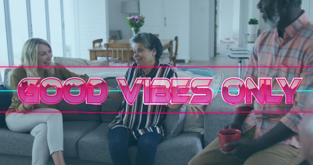 Diverse Friends Gathering with Good Vibes Only Text