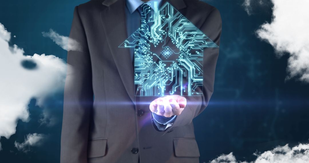 Businessman Presenting Innovation Concept with Glowing Circuitry Symbol