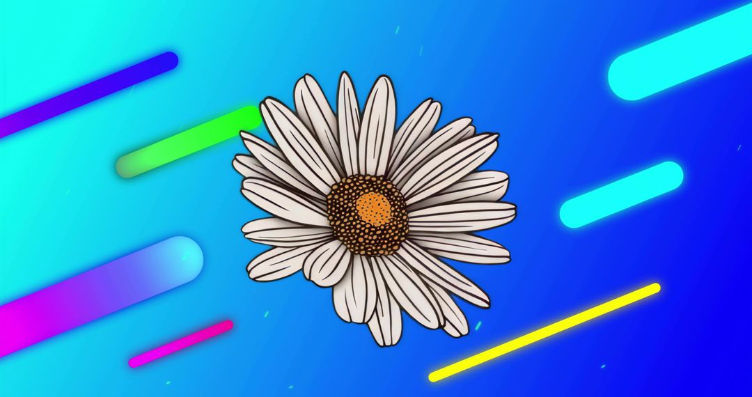 Floating Stylized Daisy on Turquoise Blue Gradient with Vibrant Neon Bars