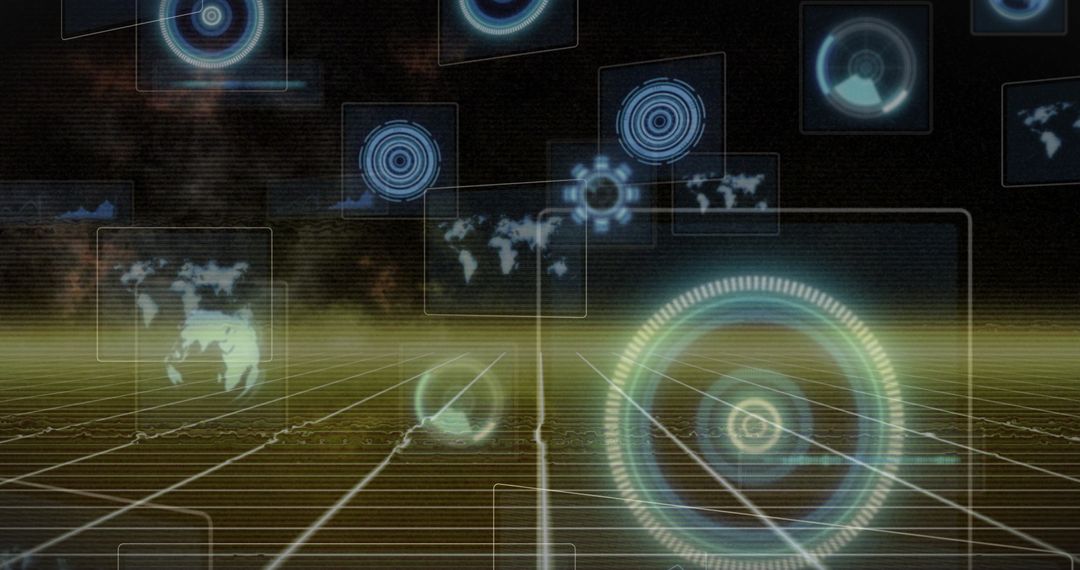 Futuristic Interface Holographic Panels with Digital Grid Simulation