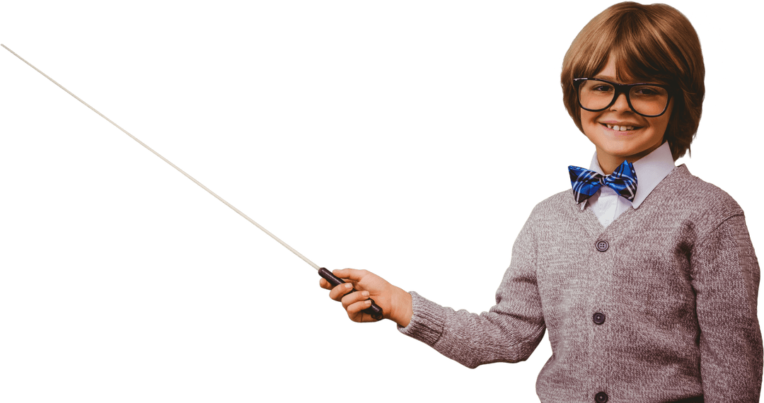Joyful Boy with Glasses Holding Pointer on Transparent Background
