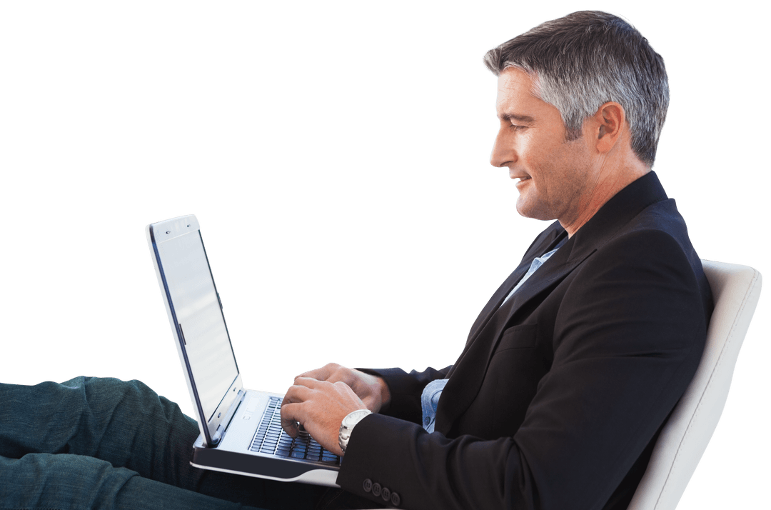 Caucasian Man Working on Laptop, Isolated on Transparent Background