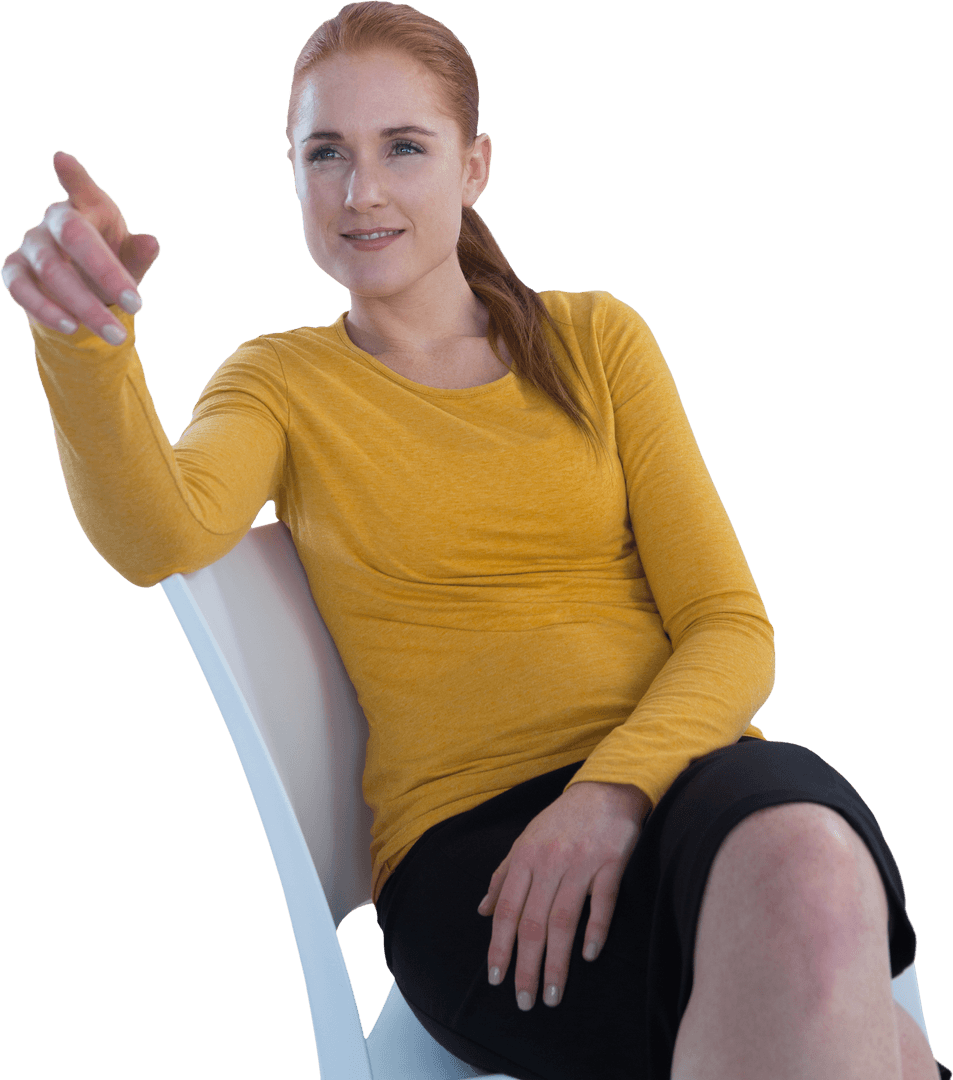 Confident Businesswoman Pointing While Sitting on Transparent Chair