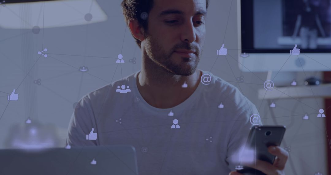 Man Engaging with Digital Networks on Smartphone at Home