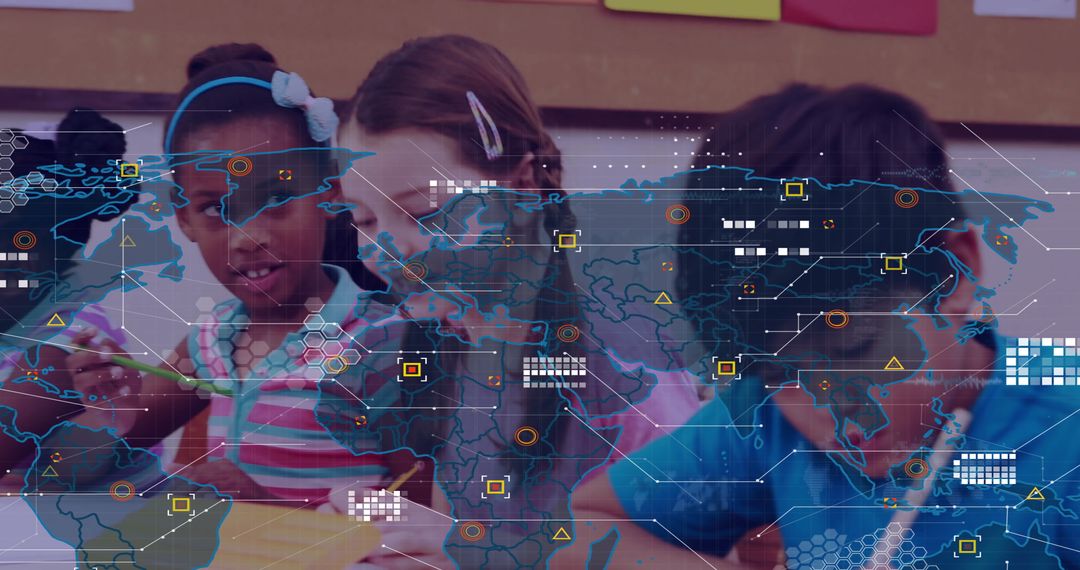 Children Collaborating with World Map and Technology Overlay in Classroom