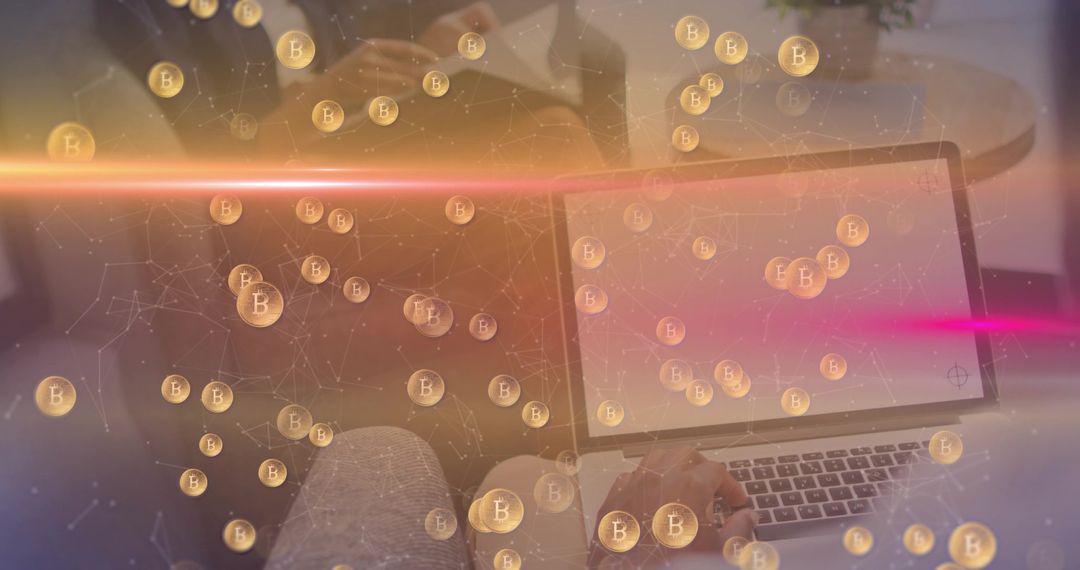 Woman trading Bitcoin on laptop while typing on couch with floating crypto coins