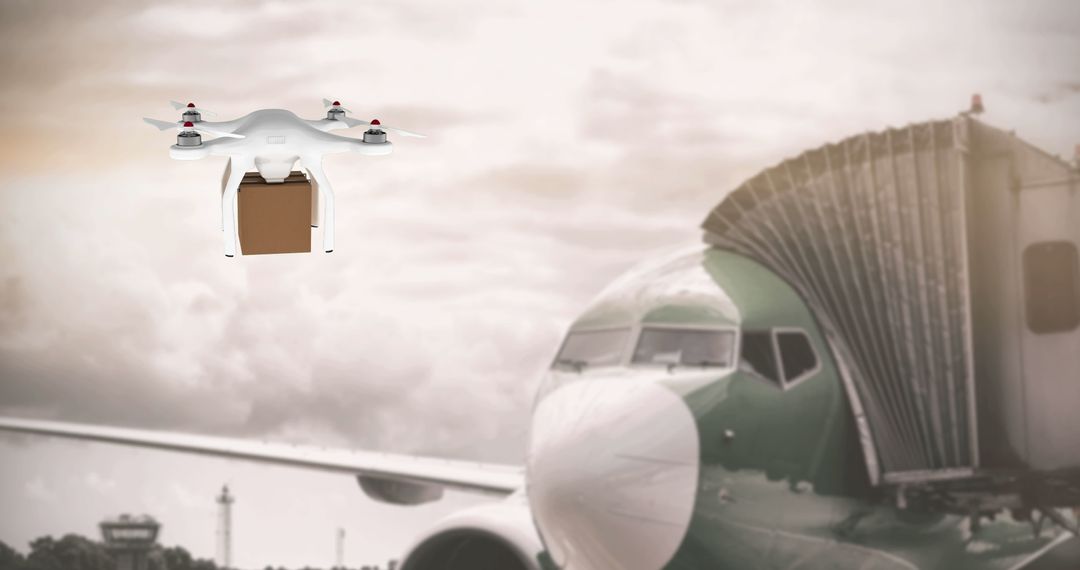 Drone Delivering Package at Airport with Airplane Background