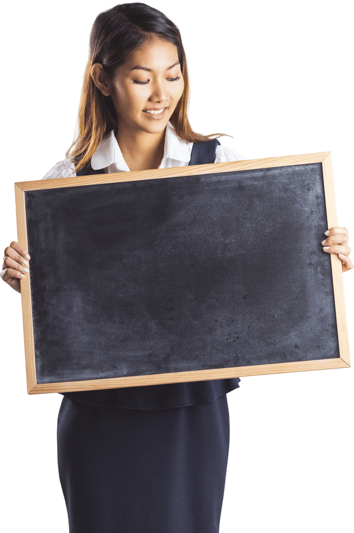 Smiling Businesswoman Holding Transparent Blackboard