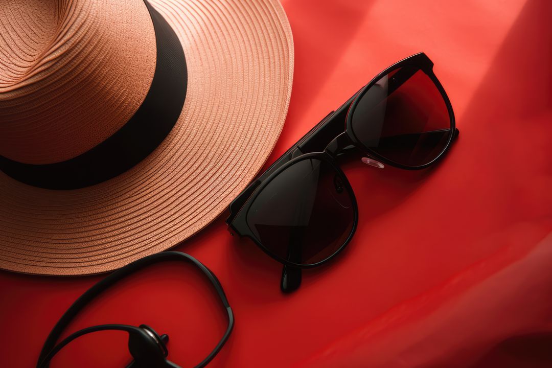 Vacation Essentials with Sunglasses, Hat on Red Background - Free Images, Stock Photos and Pictures on Pikwizard.com