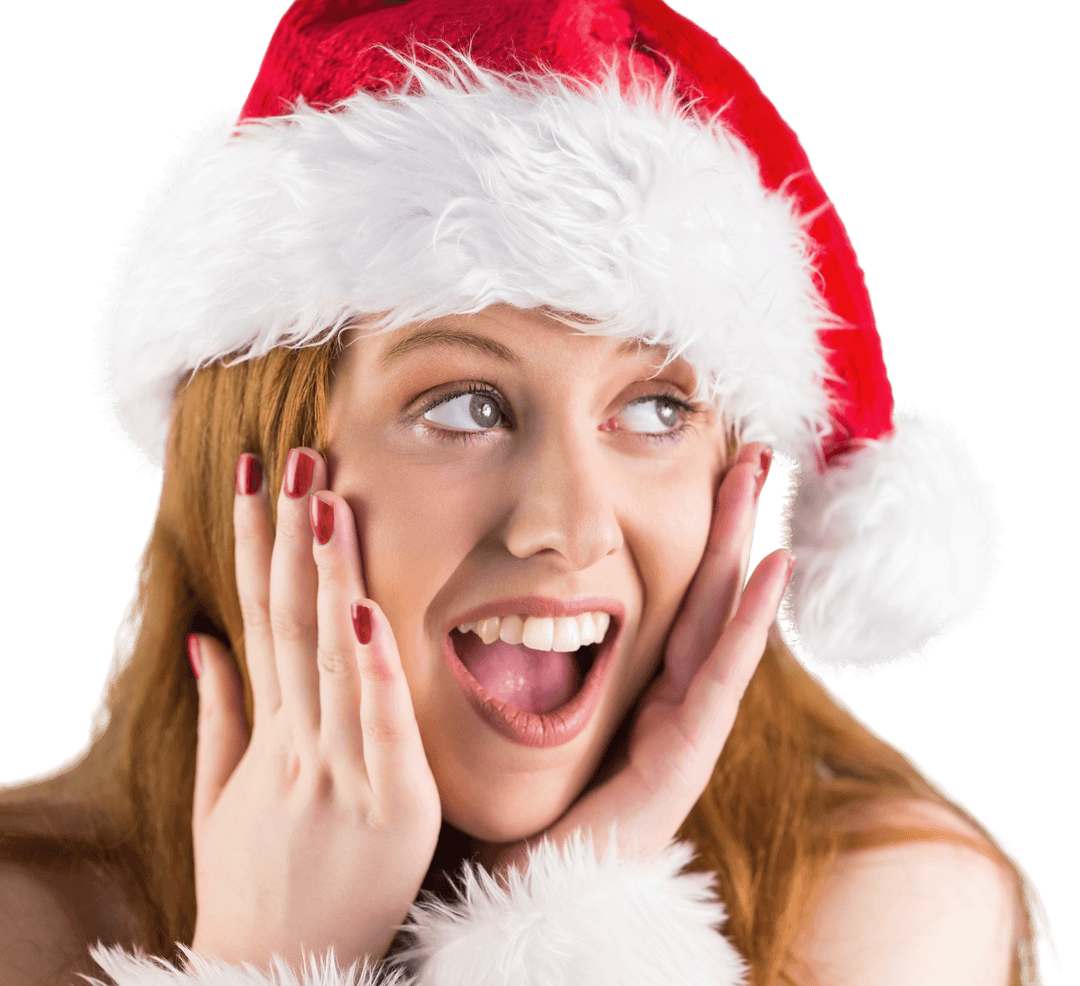 Excited Young Woman in Santa Hat on Transparent Background