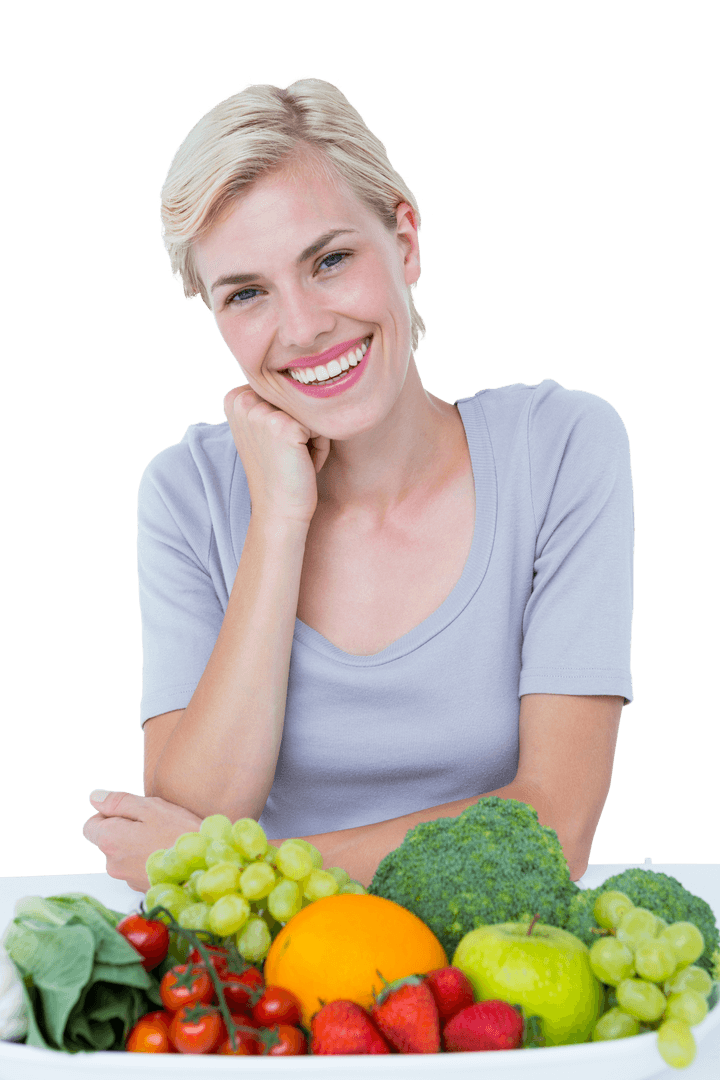 Smiling Woman Sitting by Transparent Display of Healthy Fruits and Vegetables