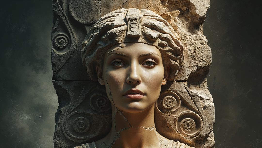 Illuminated cleopatra's stone bust adorned with spirals unveiling artistic legacy