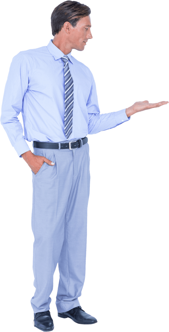 Confident Businessman Presenting with Open Hand on Transparent Background