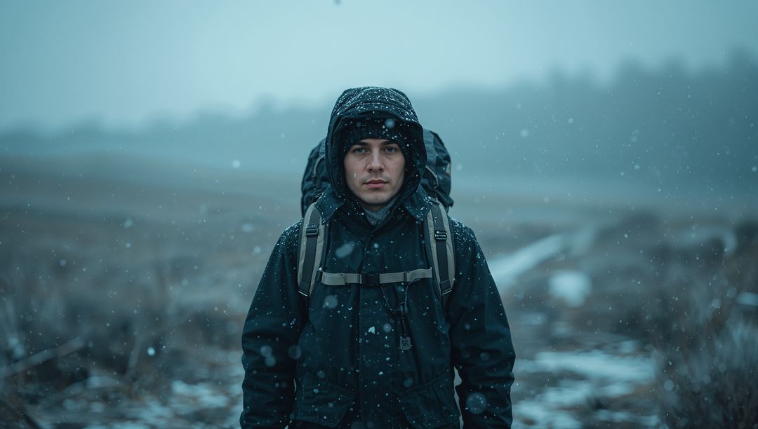 Solitary Hiker Standing in Snowy Field Wearing Hooded Parka and Backpack, Moody Winter