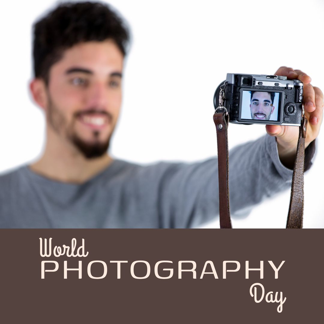Man Celebrating World Photography Day with Camera Selfie