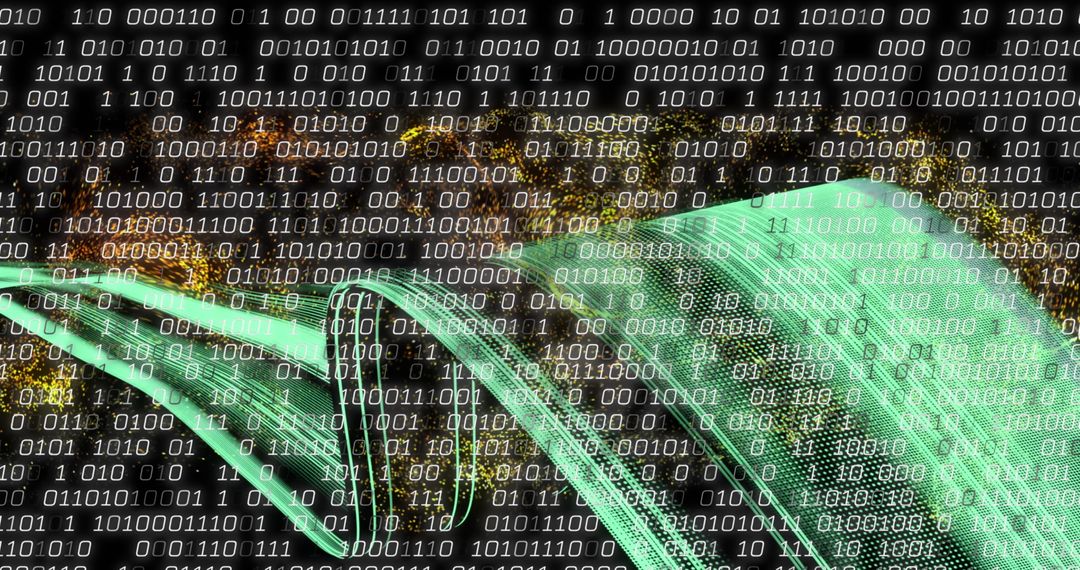 Binary Code Overlay with Light Trails Representing Digital Communication