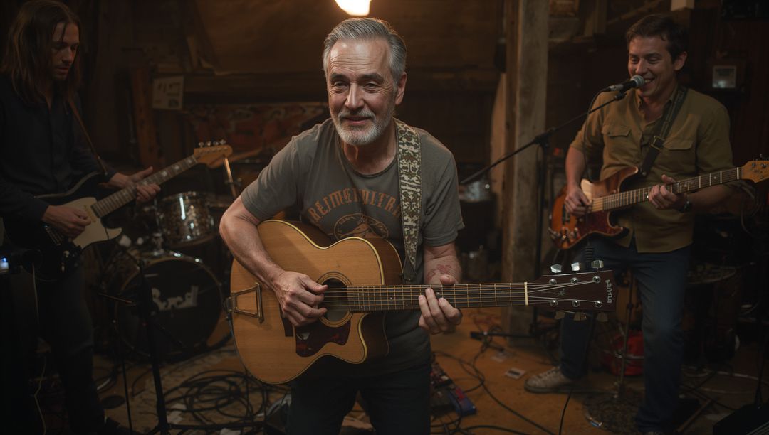 Senior man playing acoustic guitar in rustic music studio