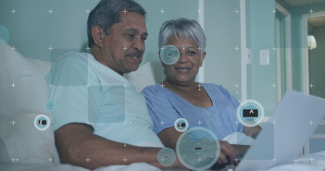 Senior Couple Enjoying Laptop Connection with Digital Network Overlay
