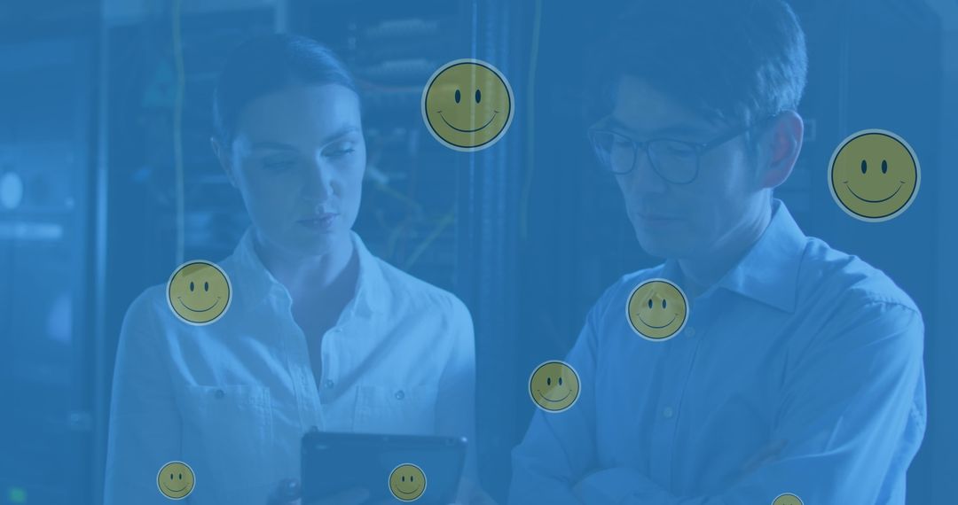 Diverse Engineers with Digital Smileys in Server Room