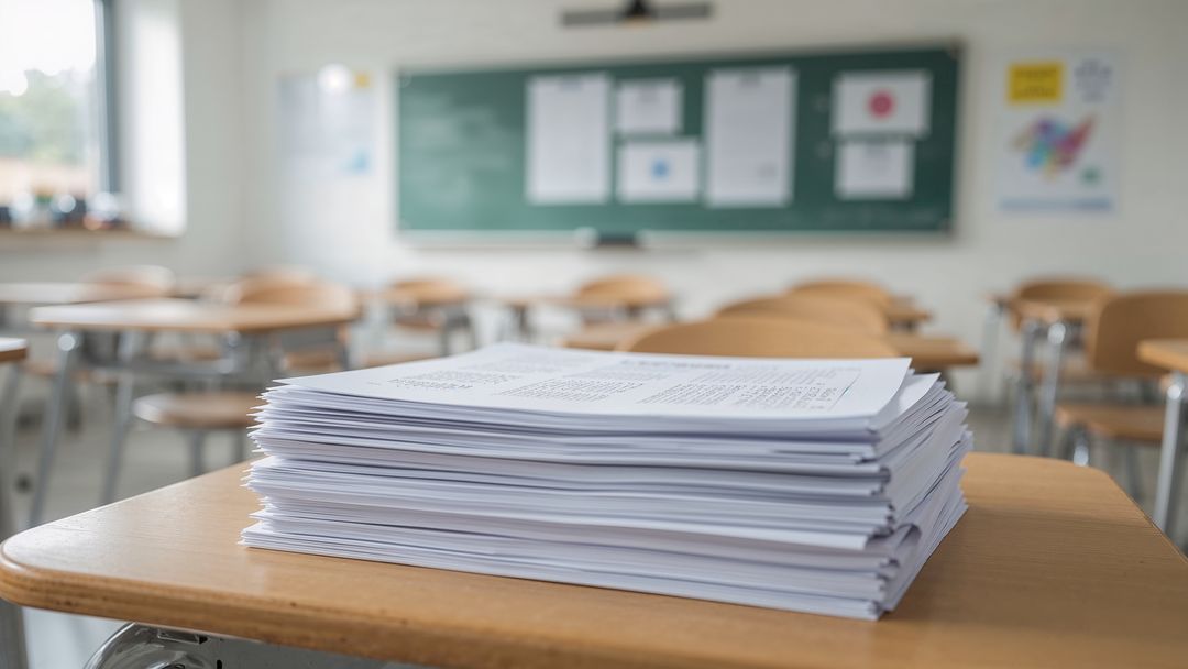 Stack of Papers on Desk in Classroom