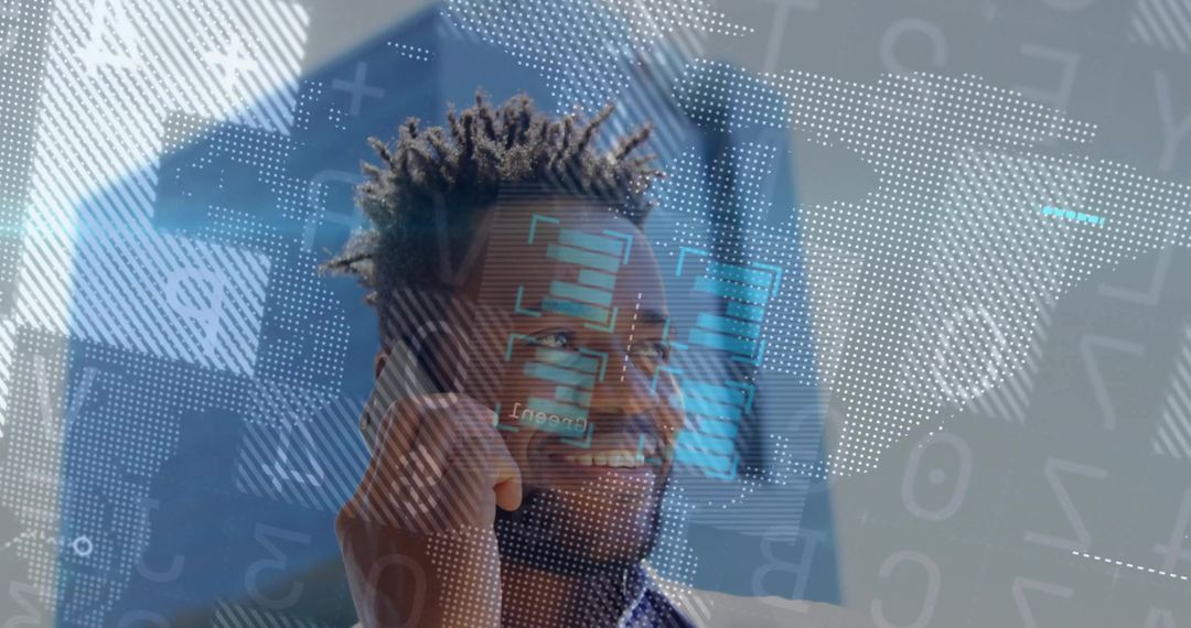 Businessman Discussing Digital Data Insights Overlayed with Tech Graphics