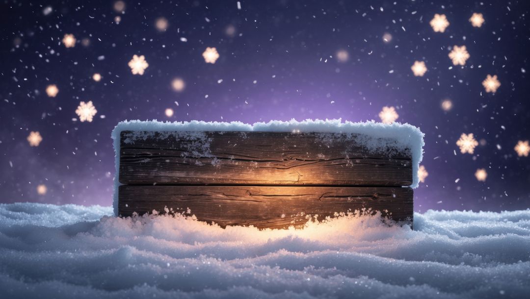 Glowing Wooden Signboard in Winter Snowy Twilight with Stars