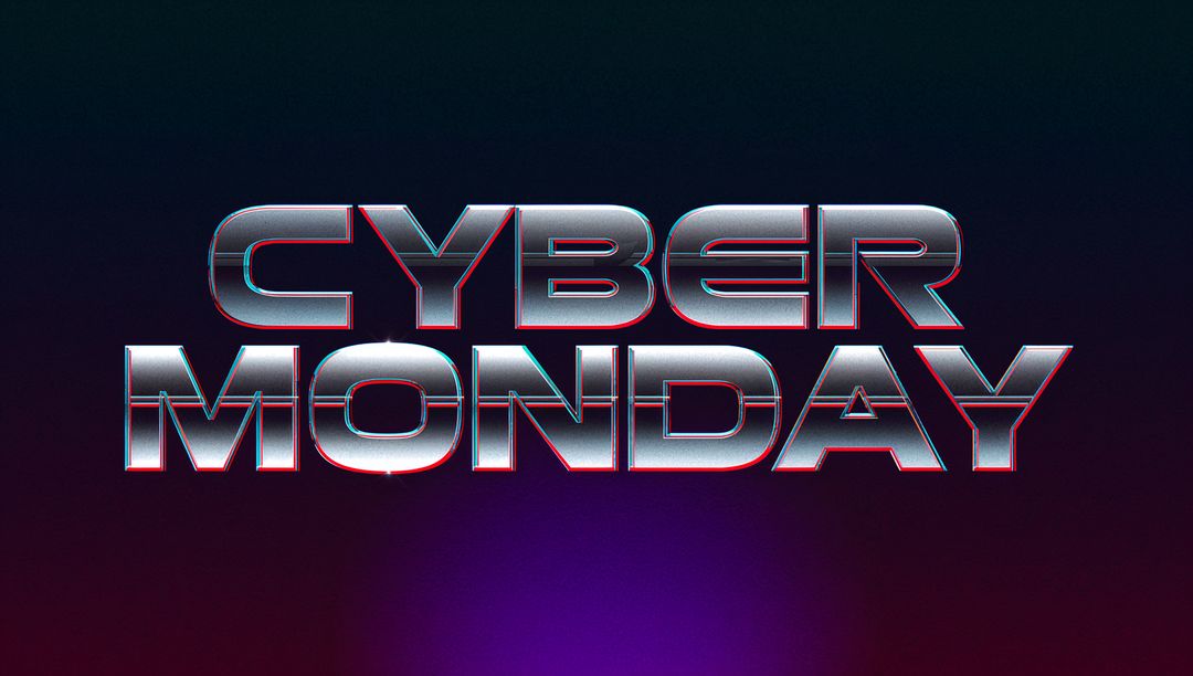Cyber Monday Chrome 3D Text with Neon Glow and Futuristic Glossy Typography