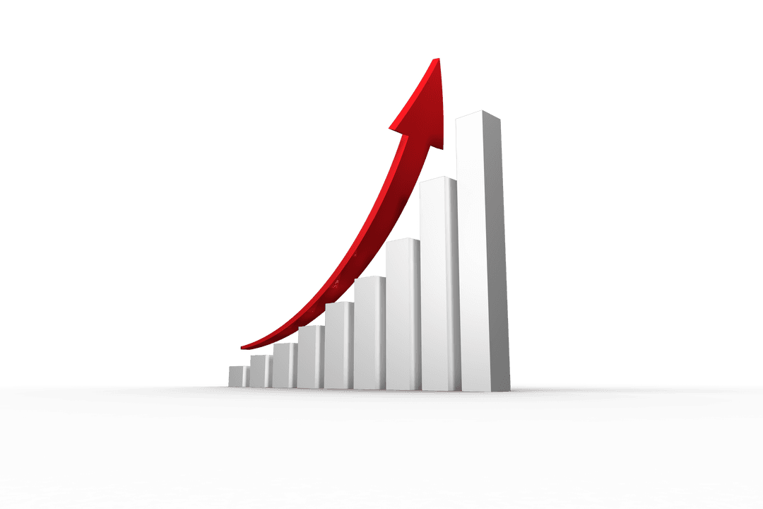 Transparent 3D Bar Chart with Red Arrow Trending Up