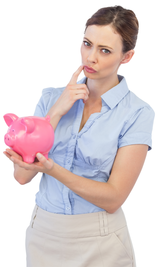 Thoughtful Businesswoman Holding Pink Piggy Bank on Transparent Background - Download Free Stock Images Pikwizard.com