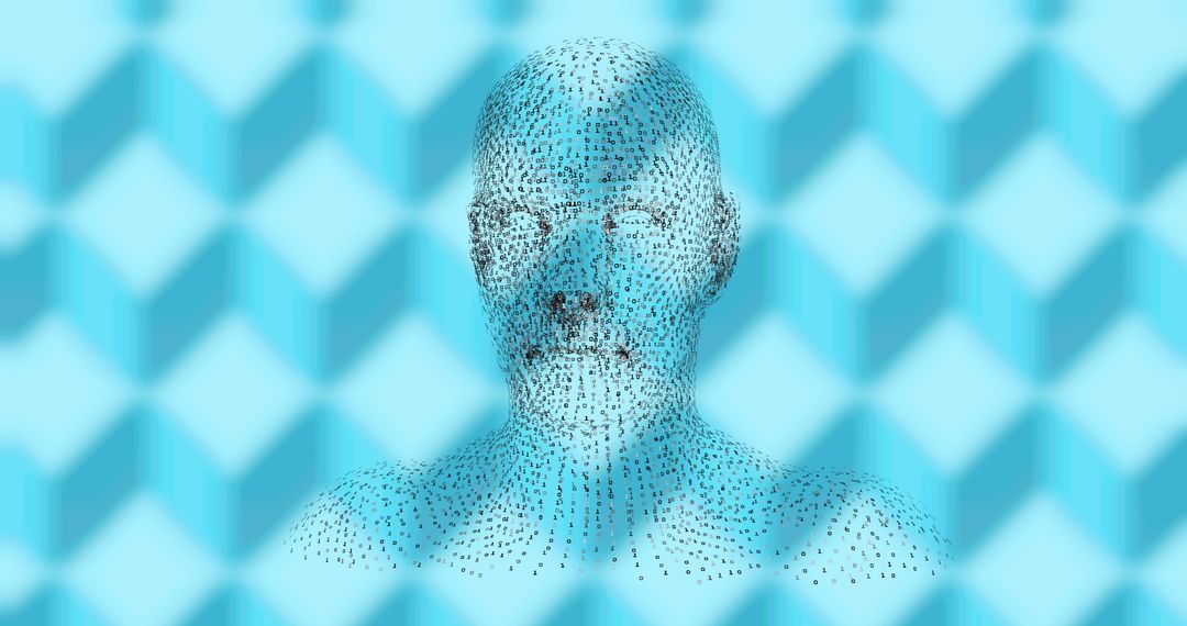 Digital Human Head Composed of Binary Code Over Blue Pattern