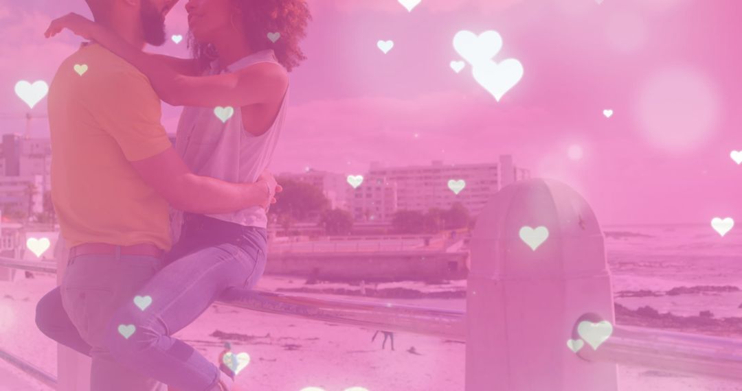 Romantic Beach Date with Heart Icons Overlay