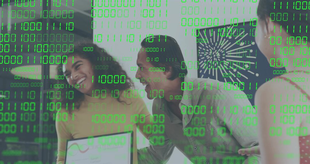 Diverse startup team celebrating award with digital code overlay and data visualization