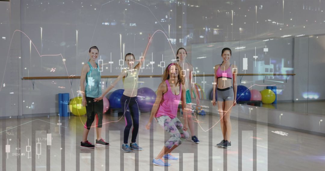 Fitness Class with Overlay of Graphical Analysis in Gym Setting