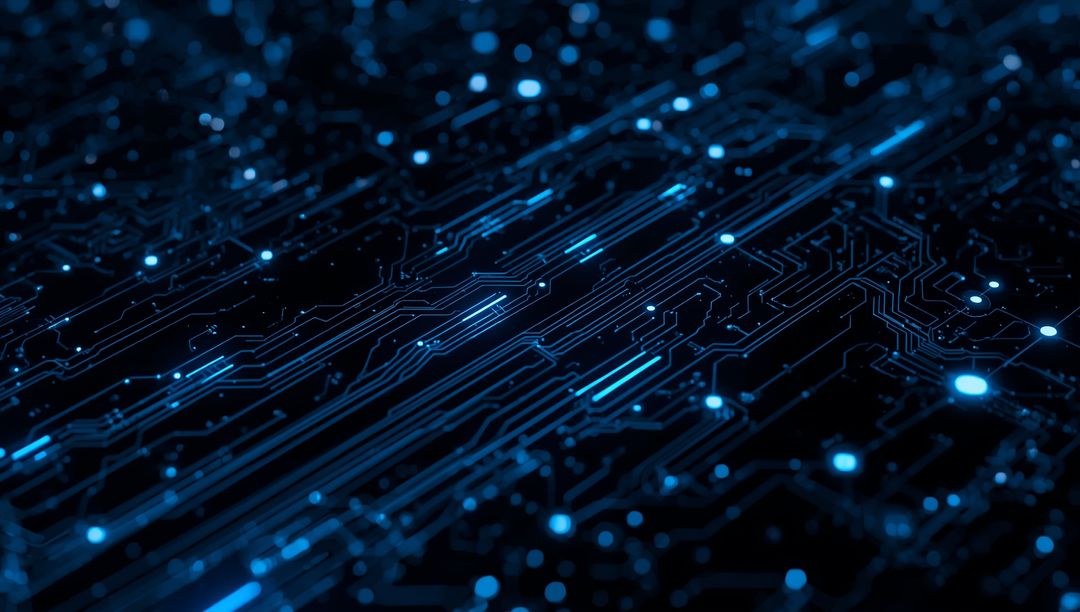 Glowing Circuit Board Design with Blue Nodes on Black Background