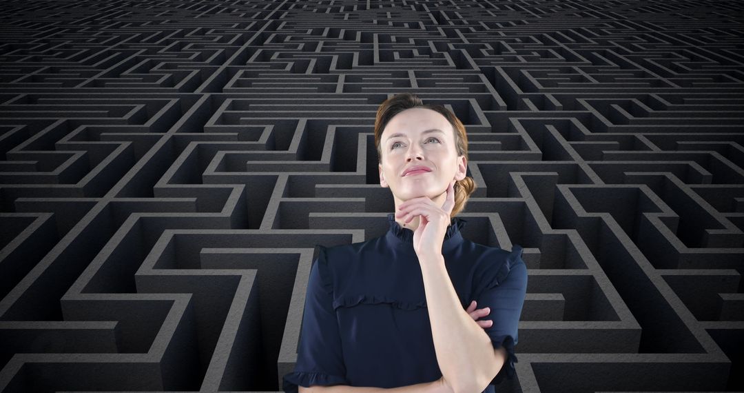 Thoughtful Woman in Front of Complex Maze Depicting Decision Making