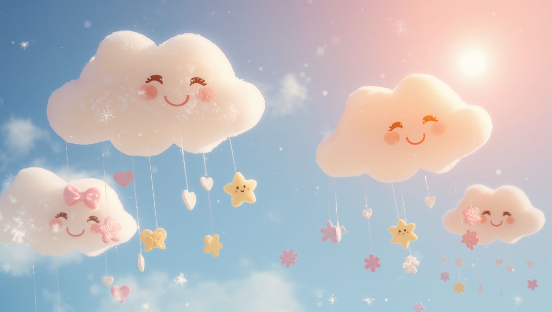 Floating Smiling Cloud Mobiles with Dangling Stars, Hearts and Bows for Nursery Decor