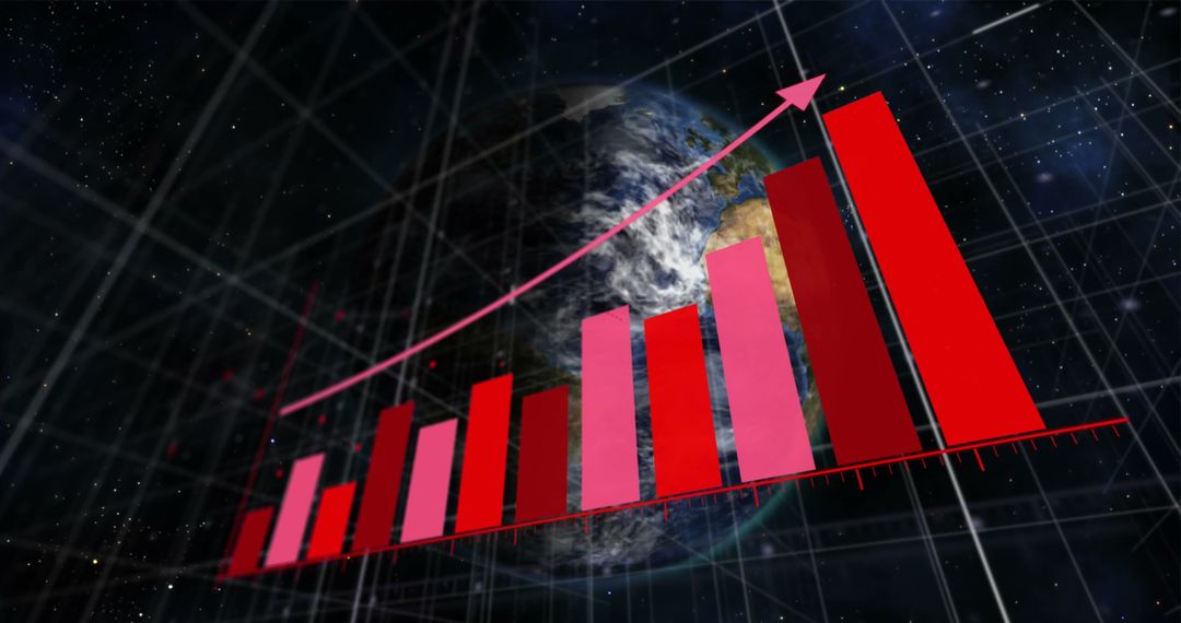 Growing Bar Graph with Rising Arrow Against Rotating Globe