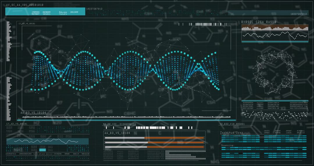 Futuristic Digital DNA Interface with Waveform Data Visualization