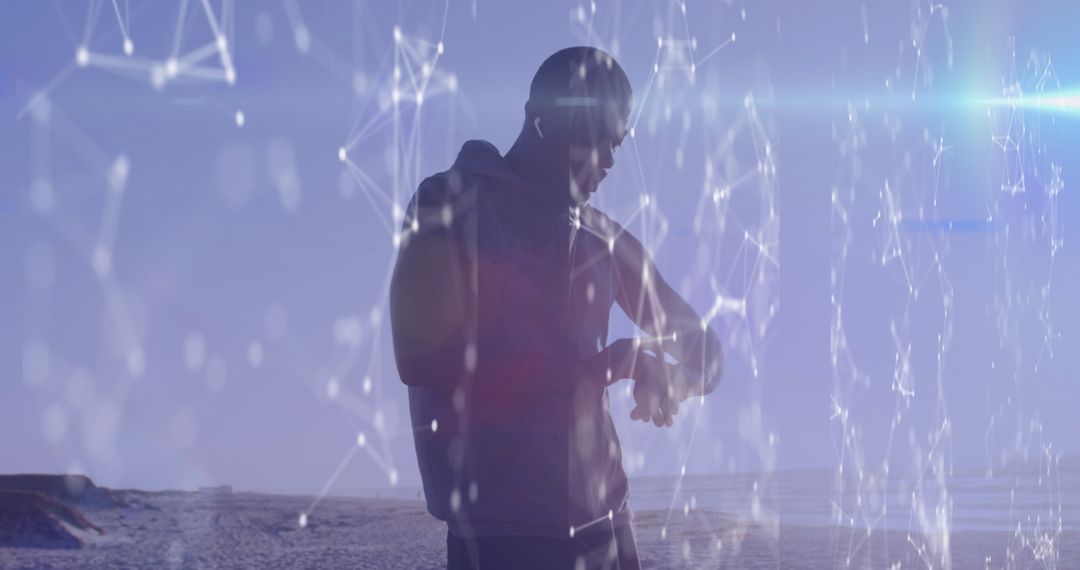 Athletic Man with Smartwatch and Futuristic Network Overlay