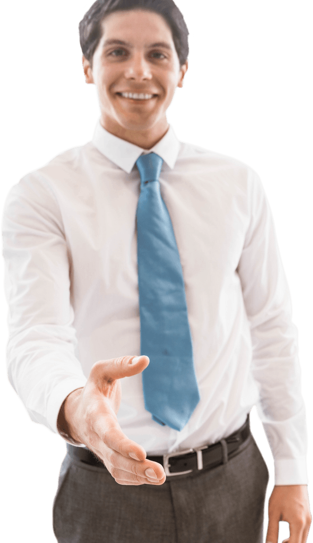 Transparent Businessman Offering Handshake with Warm Smile