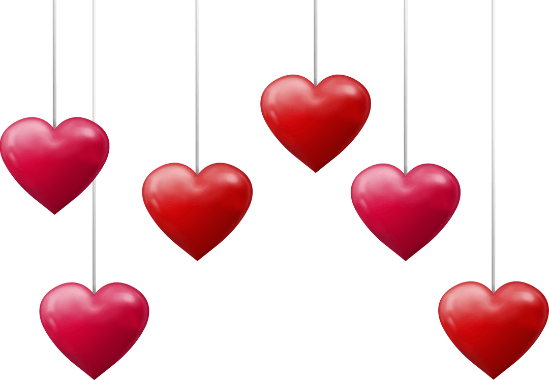 Red and Pink Hearts Hanging on Strings Transparent Background