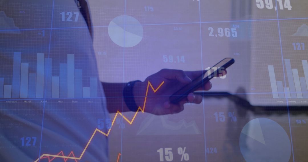 virtual data analysis interface with handheld smartphone behind graphs - Free Images, Stock Photos and Pictures on Pikwizard.com
