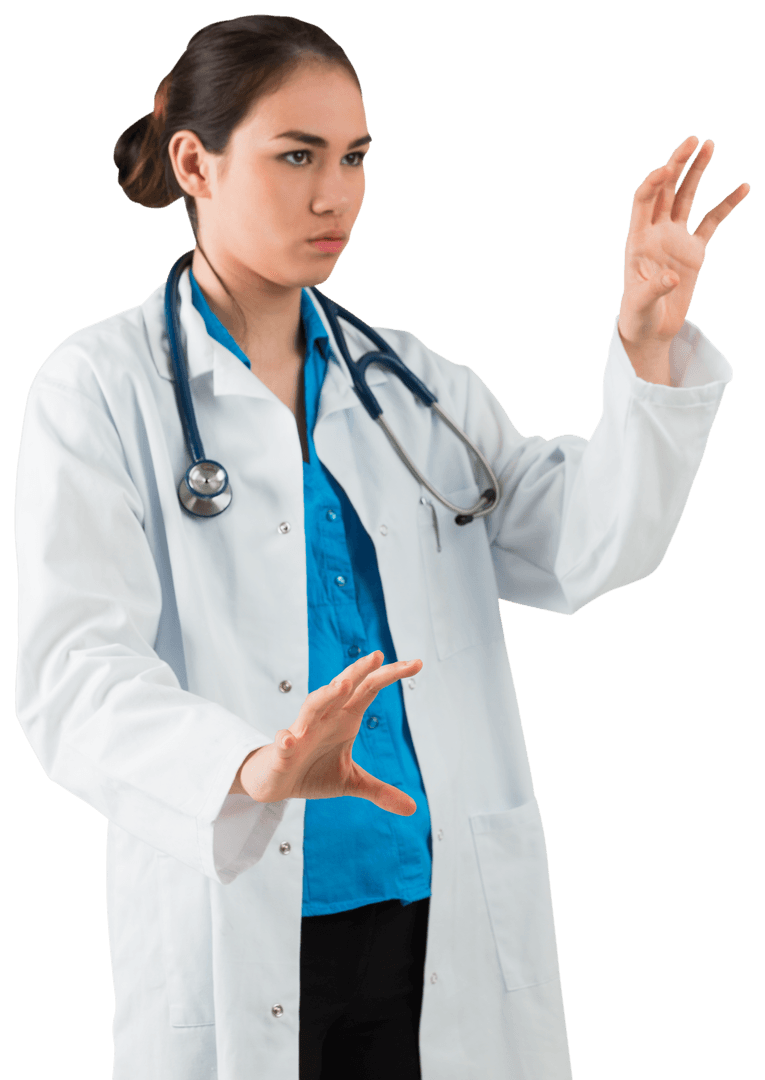 Transparent Young Doctor with Hands Raised in Gesture