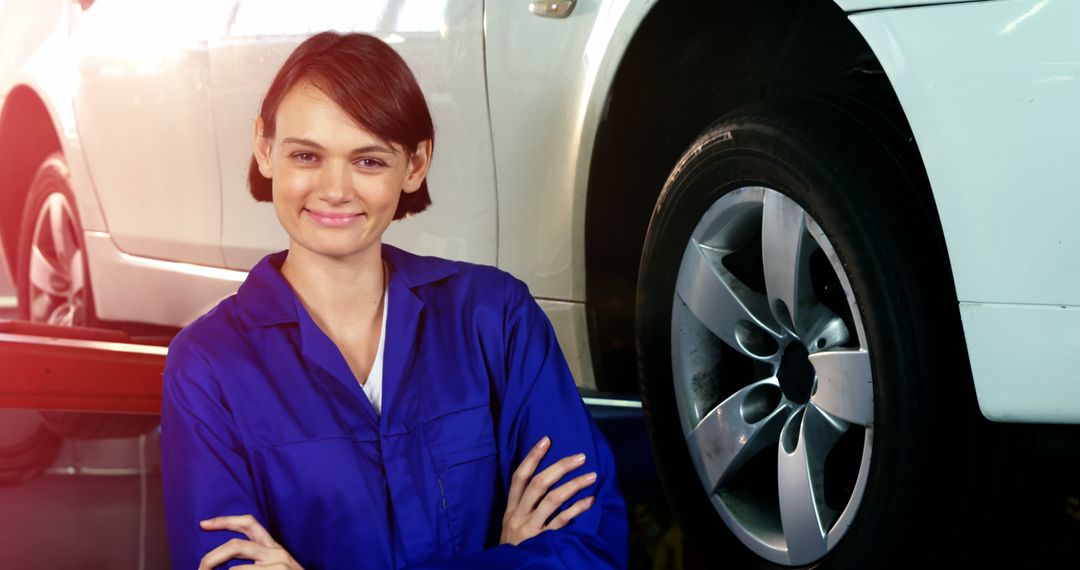 Confident Female Mechanic in Blue Coveralls Posing by Car in Workshop - Free Images, Stock Photos and Pictures on Pikwizard.com