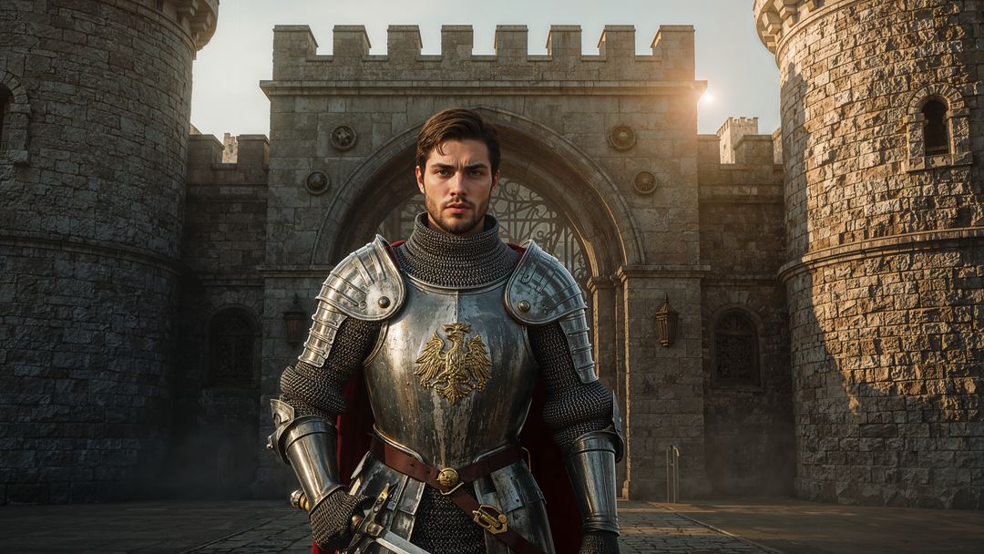 Medieval Knight in Armor Standing Before Fortress Gate