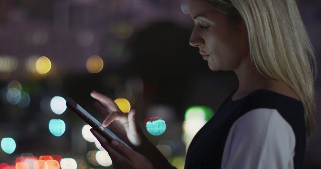 Woman using tablet at night with city lights in background - Free Images, Stock Photos and Pictures on Pikwizard.com