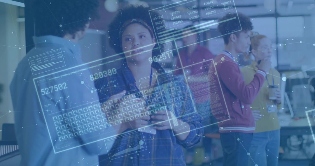 Woman Using Tablet in Tech Office with Holographic Interface