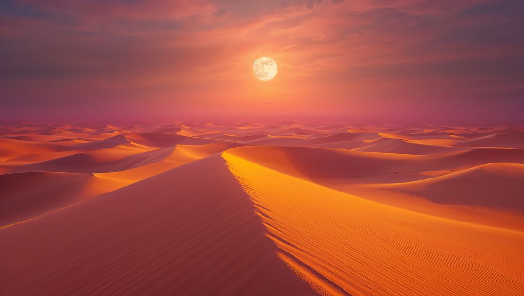 Mesmerizing Orange Sky Over Desert Dunes with Full Moon
