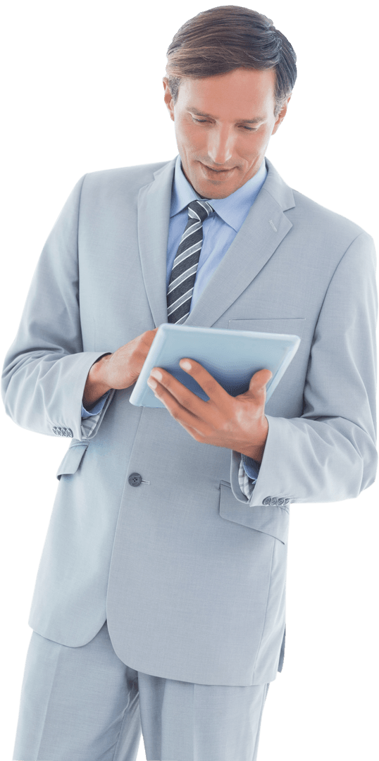 Transparent Businessman Using Tablet in Gray Suit