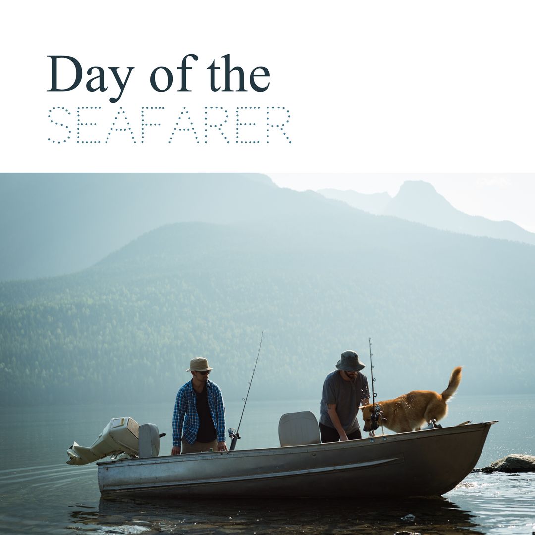 Seafarers Fishing with Dog on Motorboat in Scenic Lake